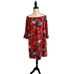CITY STREETS XL Red Women’s Dress Fully Lined 3/4 Sleeves Off Shoulder Floral